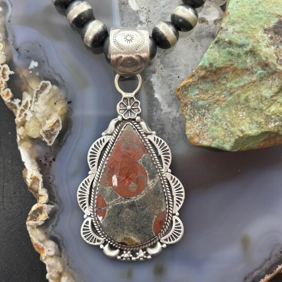 Sterling Silver Southwestern Style Teardrop Peanut Obsidian Pendant For Women - Picture 1 of 10